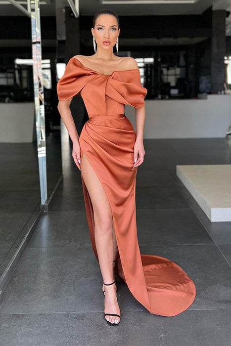 Elegant Burnt Orange Off-The-Shoulder Mermaid Split Prom Dress