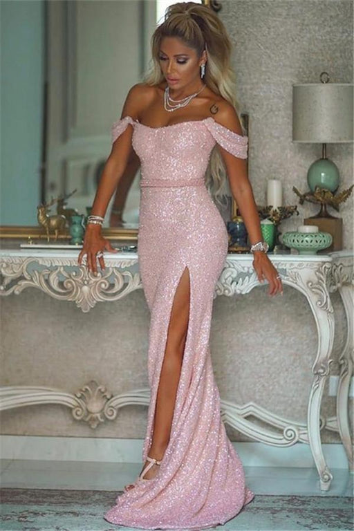 Blush Pink Sparkling Mermaid Gown with Dazzling Sequins and Thigh-High Slit