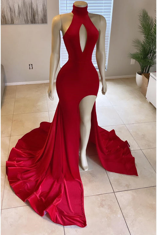 Ravishing Crimson Front Split Mermaid High-Neck Prom Gown for Purchase Online