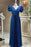 Online Royal Blue V-Neck Evening Dress with Short Sleeves and Belt