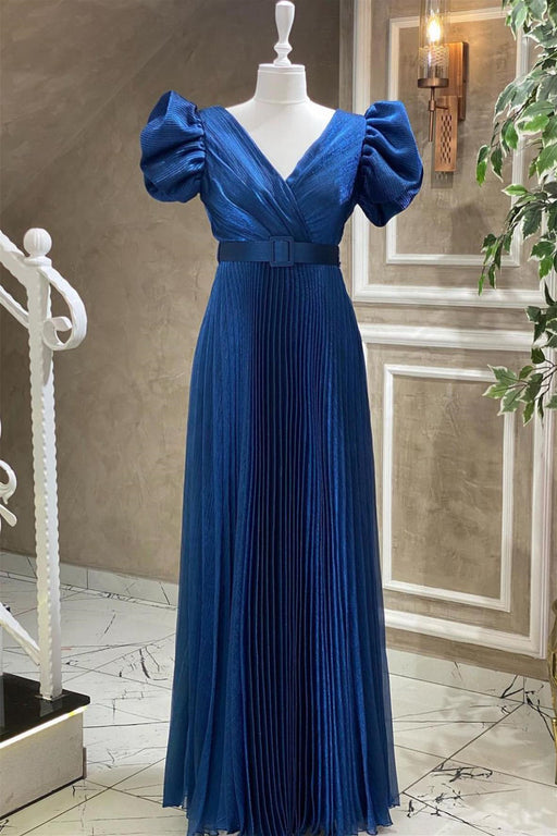 Online Royal Blue V-Neck Evening Dress with Short Sleeves and Belt