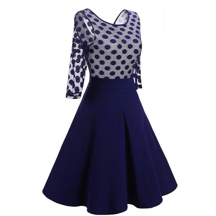 A| Bridelily Black Dot Round Neck Street Lace Dress - Navy Blue / S - lace dresses