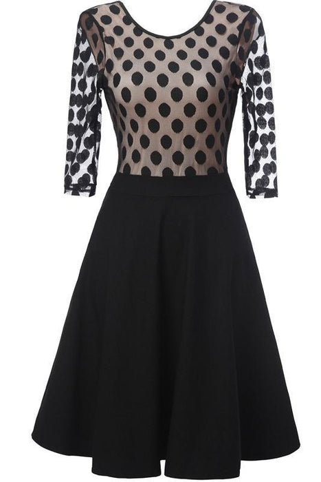 A| Bridelily Black Dot Round Neck Street Lace Dress - Black / S - lace dresses