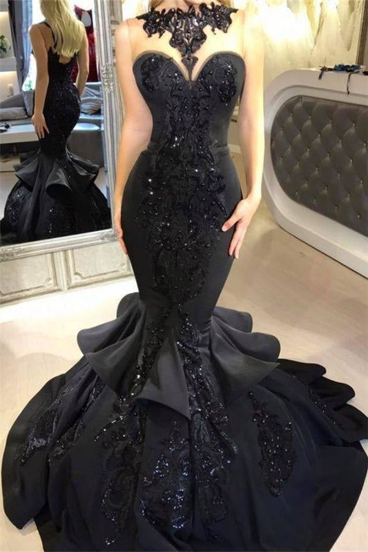 A| Bridelily Black Mermaid Beads Prom Dresses Appliques Evening Dresses - Prom Dresses