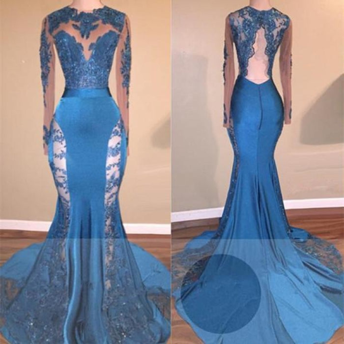 A| Bridelily Blue Long-Sleeve 2019 Prom Dress | Lace Mermaid Formal Dress - Prom Dresses