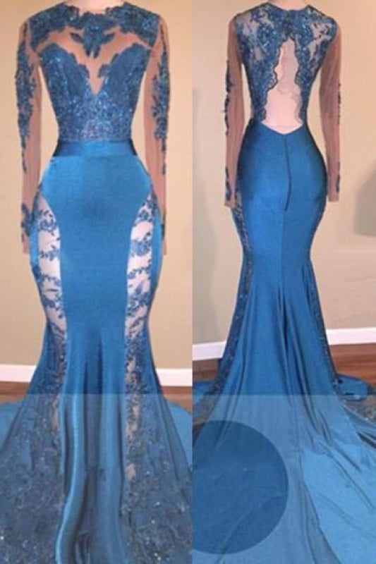 A| Bridelily Blue Long-Sleeve 2019 Prom Dress | Lace Mermaid Formal Dress - Prom Dresses