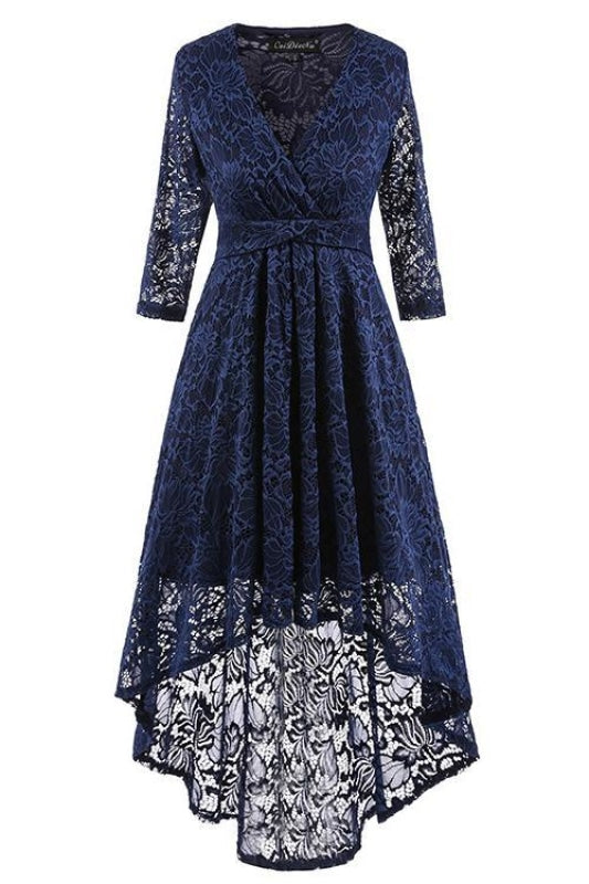 A| Bridelily Burgundy Half Sleeve Women Street Lace Dress - Blue / S - lace dresses