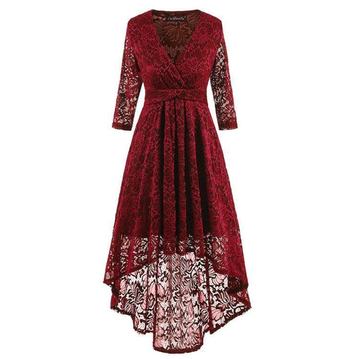 A| Bridelily Burgundy Half Sleeve Women Street Lace Dress - Wine Red / S - lace dresses