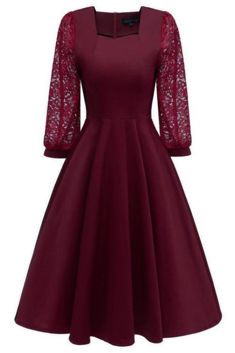 A| Bridelily Burgundy A-line Half Sleeve Lace Dress - Wine Red / S - lace dresses