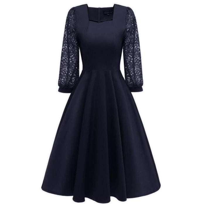 A| Bridelily Burgundy A-line Half Sleeve Lace Dress - Navy Blue / S - lace dresses