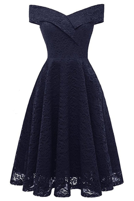 A| Bridelily Cute Lace Dress Wedding Party Formal Dress - S / Navy Blue - lace dresses