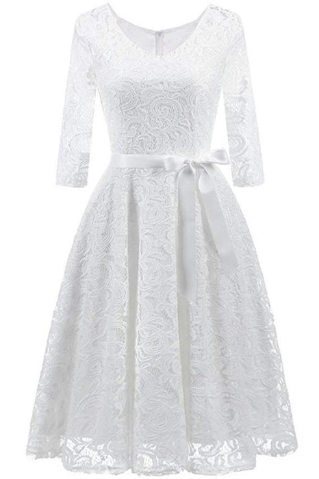 A| Bridelily Elegant V Neck Lace 3/4 Sleeve Guest Dresses Slim Waist Midi Dress - lace dresses