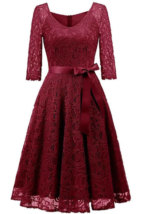 A| Bridelily Elegant V Neck Lace 3/4 Sleeve Guest Dresses Slim Waist Midi Dress - lace dresses