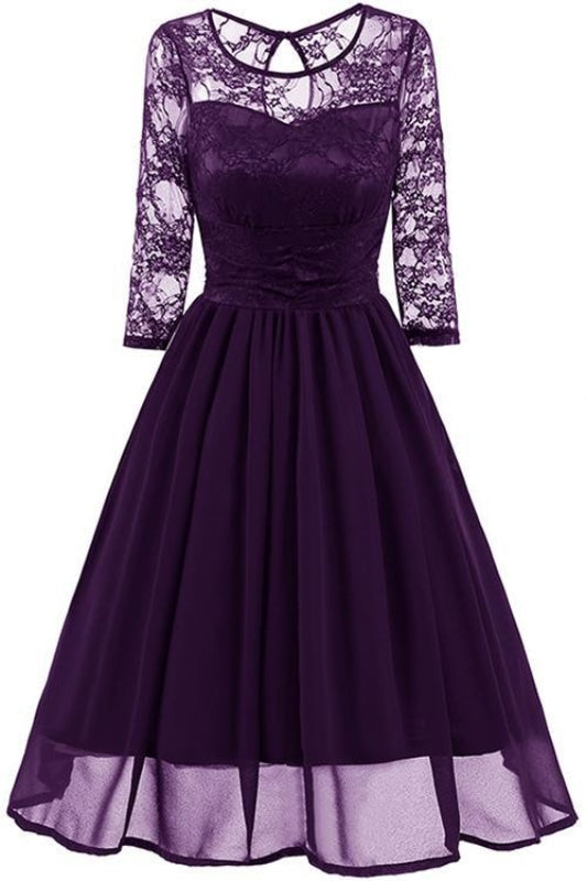 A| Bridelily Elegant Womans Chiffon Lace Dress Brand Ladies Girl Prom Dresses - S / Purple - lace dresses