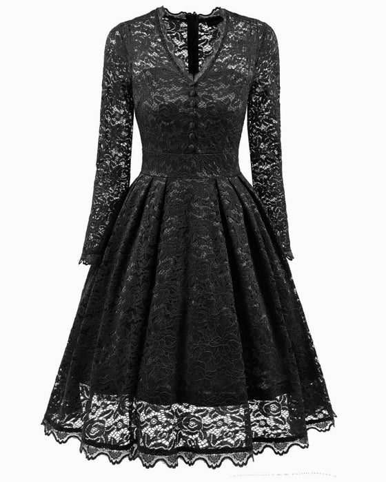 A| Bridelily Gray Long Sleeve V-Neck Homecoming Lace Dress - Black / S - lace dresses