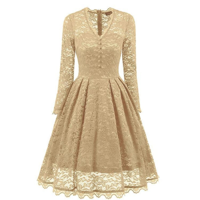 A| Bridelily Gray Long Sleeve V-Neck Homecoming Lace Dress - Beige / S - lace dresses