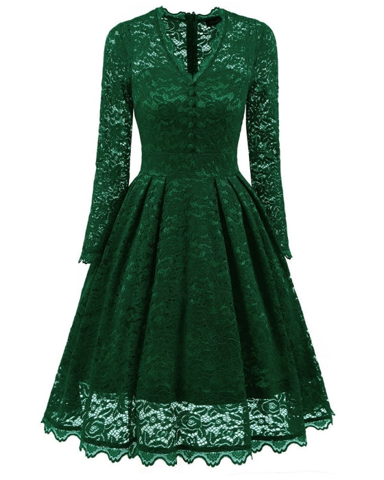 A| Bridelily Gray Long Sleeve V-Neck Homecoming Lace Dress - Green / S - lace dresses