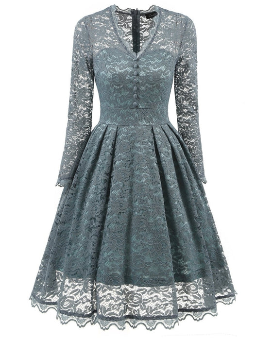 A| Bridelily Gray Long Sleeve V-Neck Homecoming Lace Dress - Blue-Gray / S - lace dresses