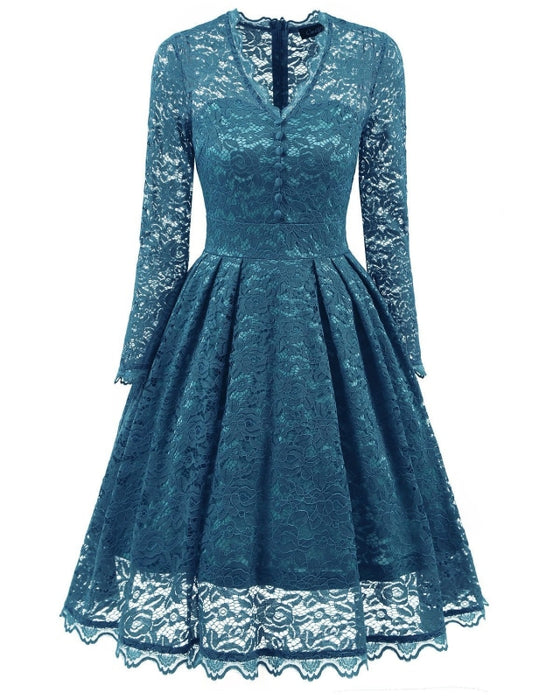 A| Bridelily Gray Long Sleeve V-Neck Homecoming Lace Dress - lace dresses