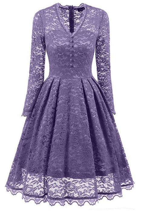A| Bridelily Gray Long Sleeve V-Neck Homecoming Lace Dress - Violet / S - lace dresses