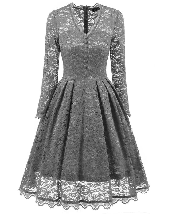 A| Bridelily Gray Long Sleeve V-Neck Homecoming Lace Dress - Gray / S - lace dresses