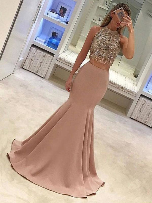 A| Bridelily High Neck Sweep/Brush Train Beading Two Piece Dresses - Prom Dresses