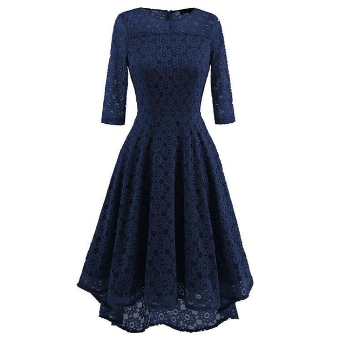 A| Bridelily Lace Patchwork Dress Elegant Rockabilly Cocktail Party Short Sleeve A Line Swing Dress - Navy Blue / S - lace dresses