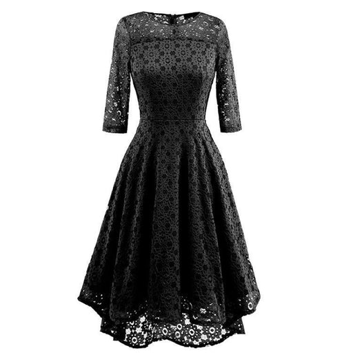 A| Bridelily Lace Patchwork Dress Elegant Rockabilly Cocktail Party Short Sleeve A Line Swing Dress - Black / S - lace dresses