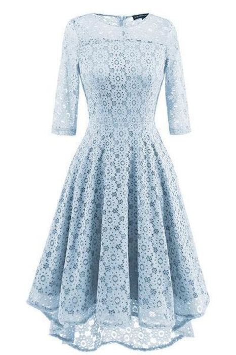 A| Bridelily Lace Patchwork Dress Elegant Rockabilly Cocktail Party Short Sleeve A Line Swing Dress - Water Blue / S - lace dresses