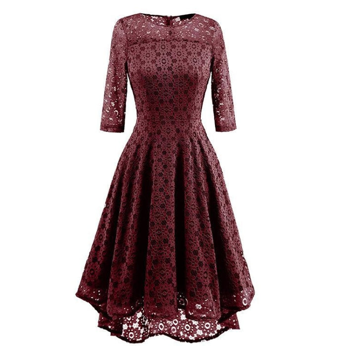 A| Bridelily Lace Patchwork Dress Elegant Rockabilly Cocktail Party Short Sleeve A Line Swing Dress - Wine Red / S - lace dresses