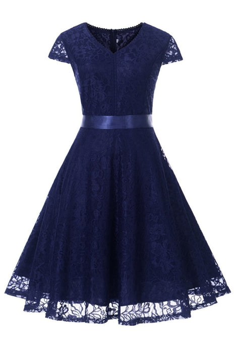 A| Bridelily Lace Stitching Retro Belt Waist Slim Dress - S / Navy Blue - lace dresses
