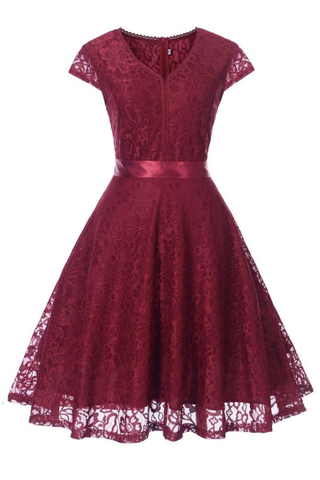 A| Bridelily Lace Stitching Retro Belt Waist Slim Dress - S / Burgundy - lace dresses