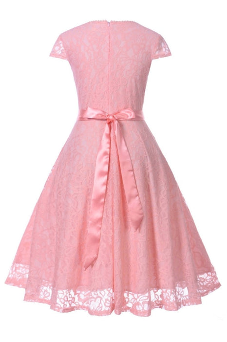 A| Bridelily Lace Stitching Retro Belt Waist Slim Dress - lace dresses