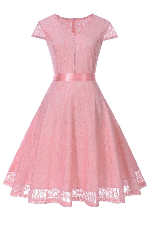 A| Bridelily Lace Stitching Retro Belt Waist Slim Dress - S / Pink - lace dresses