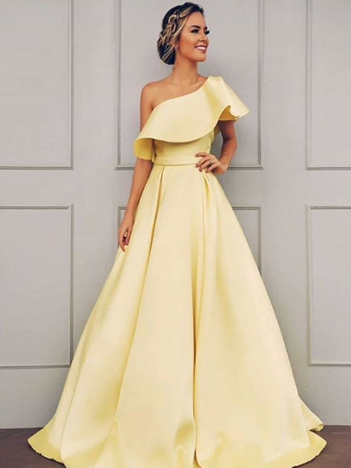 A| Bridelily A-Line One-Shoulder Sweep Train With Ruffles Satin Prom Dresses - Prom Dresses