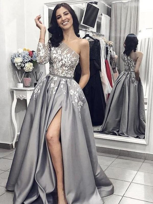 A| Bridelily A-Line One-Shoulder Sweep/Brush Train With Applique Satin Dresses - Prom Dresses