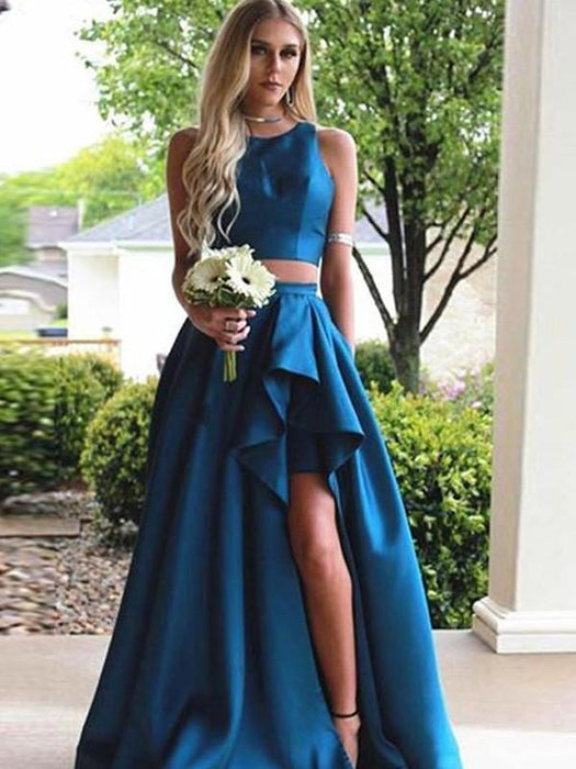A| Bridelily A-Line Sleeveless Scoop Sweep Train With Ruffles Satin Two Piece Dresses - Prom Dresses