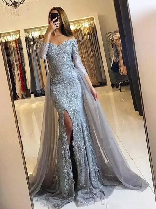 A| Bridelily Long Sleeves Off-The-Shoulder Sweep Train Lace Dresses - Prom Dresses