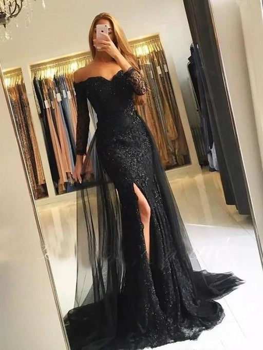 A| Bridelily Long Sleeves Off-The-Shoulder Sweep Train Lace Dresses - Prom Dresses