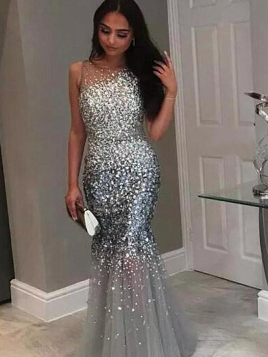 A| Bridelily Mermaid Jewel Sleeveless Floor-Length Sequin Tulle Dresses - Prom Dresses