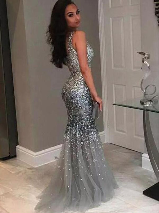 A| Bridelily Mermaid Jewel Sleeveless Floor-Length Sequin Tulle Dresses - Prom Dresses