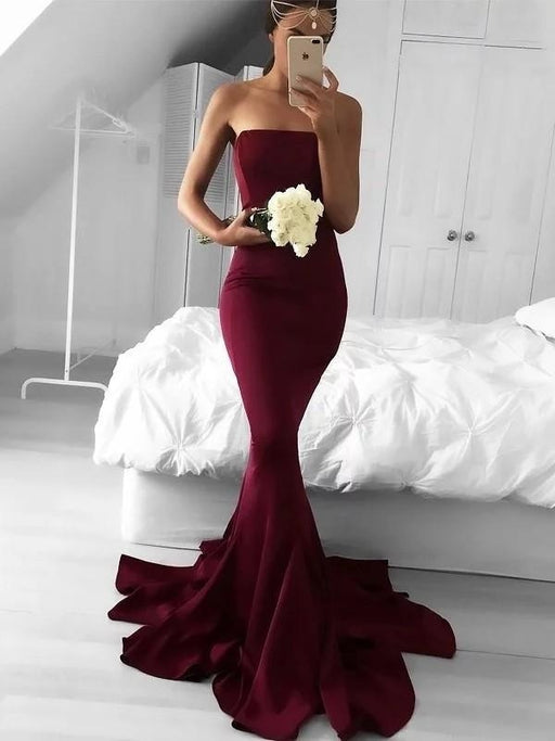 A| Bridelily Mermaid Strapless Sweep Train Jersey Sleeveless With Ruffles Dresses - Prom Dresses