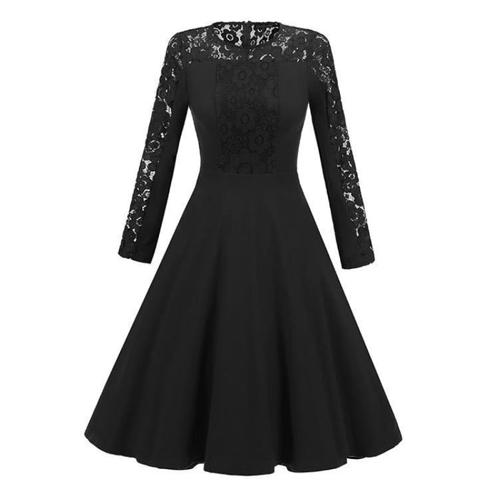 A| Bridelily Navy Blue Long Sleeve Round Neck Lace Dress - Black / S - lace dresses