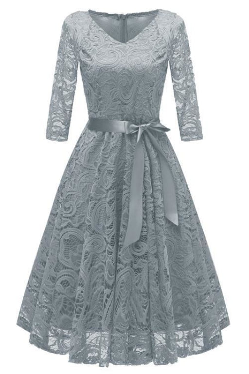 A| Bridelily New Solid Lace Round Neck Street Dress - Gray / S - lace dresses