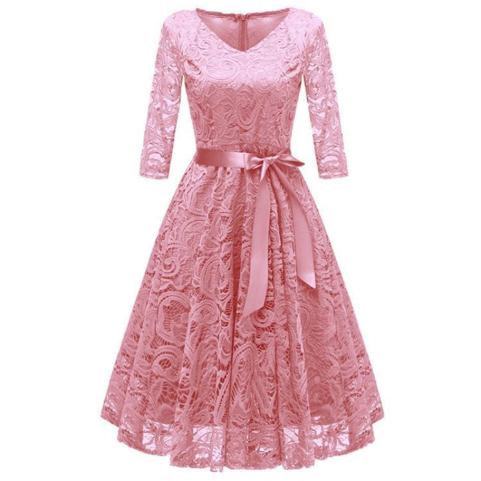 A| Bridelily New Solid Lace Round Neck Street Dress - Pink / S - lace dresses