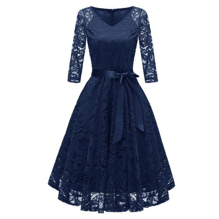 A| Bridelily New Solid Lace Round Neck Street Dress - Navy / S - lace dresses