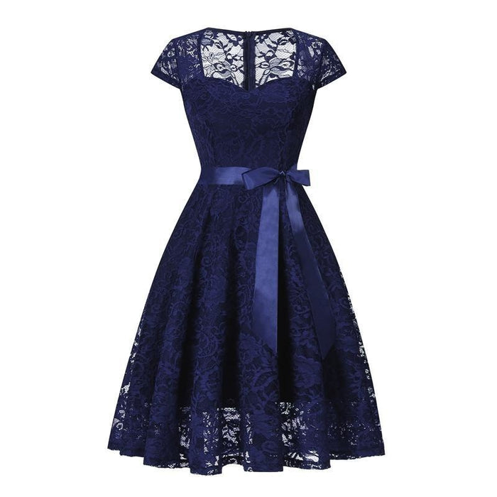 A| Bridelily New Solid Lace U-Neckline Dresses - S / Navy Blue - lace dresses