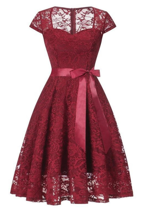 A| Bridelily New Solid Lace U-Neckline Dresses - S / Burgundy - lace dresses