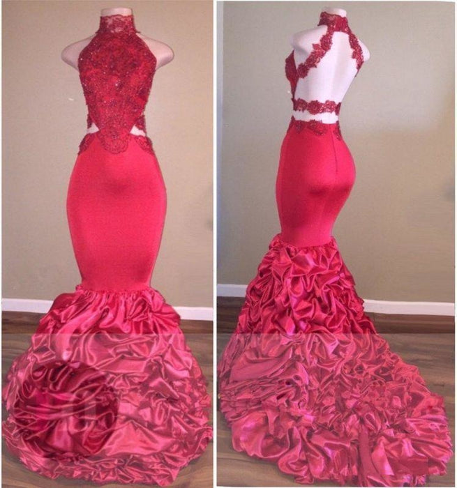 A| Bridelily Newest Mermaid High-Neck Open-Back Lace Beadings Prom Dress - Prom Dresses