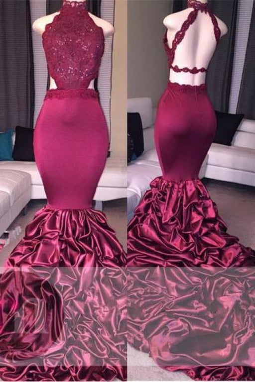 A| Bridelily Newest Mermaid High-Neck Open-Back Lace Beadings Prom Dress - Prom Dresses